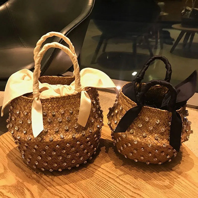 Femlion Pearl Ladies Woven Diamond Bucket Bag