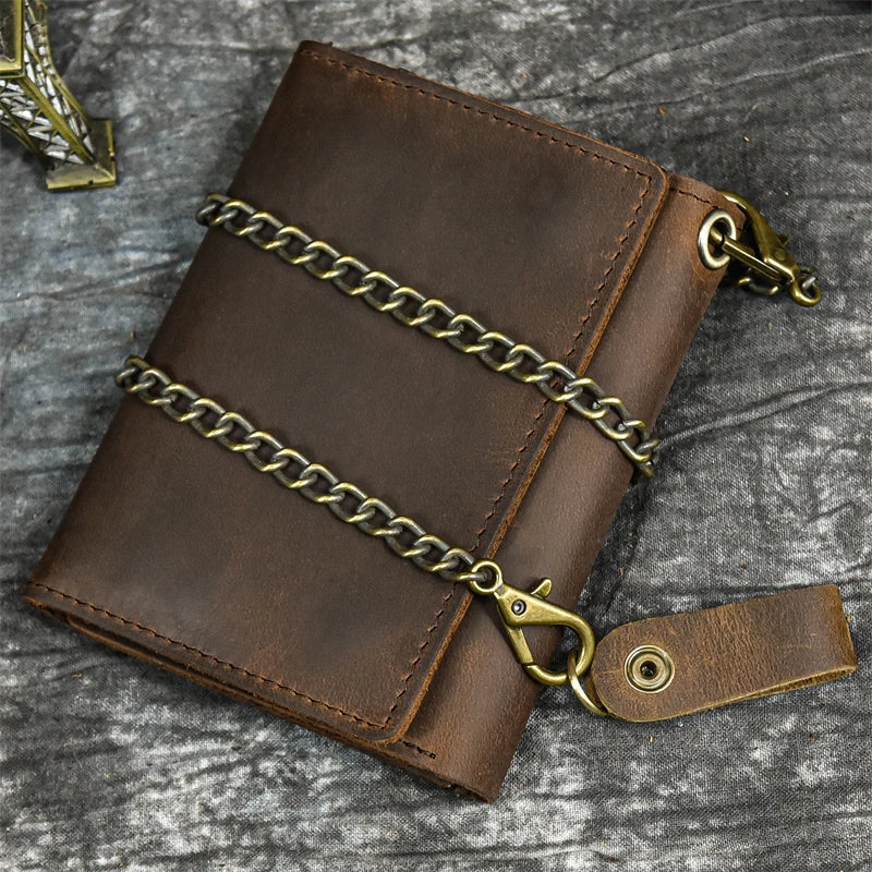 Femlion Men's Leather Wallet with Iron Chain Trifold