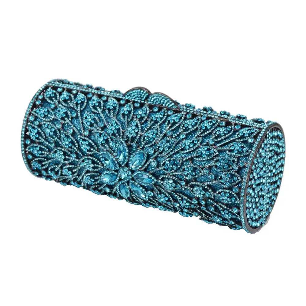 Femlion Crystal Peacock Blue Evening Clutch Bag Cylinder Purse Wedding Handbag