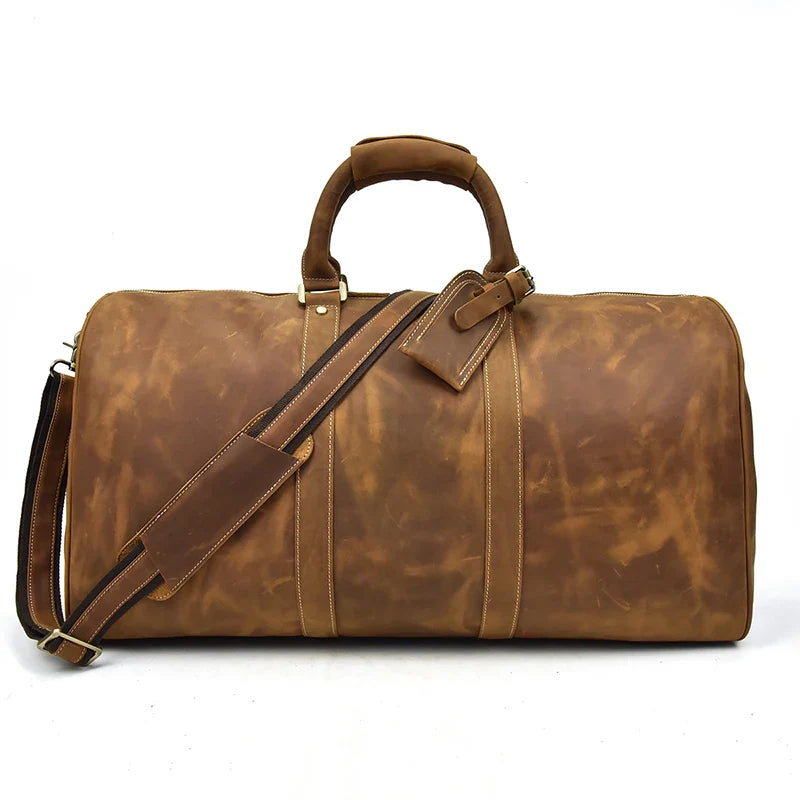 Femlion Vintage Leather Travel Duffle Bag 24 inch - Men's Weekender Carry On