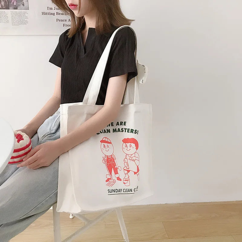 Femlion Cartoon Print Canvas Shoulder Bag- Quality Large Tote for Women