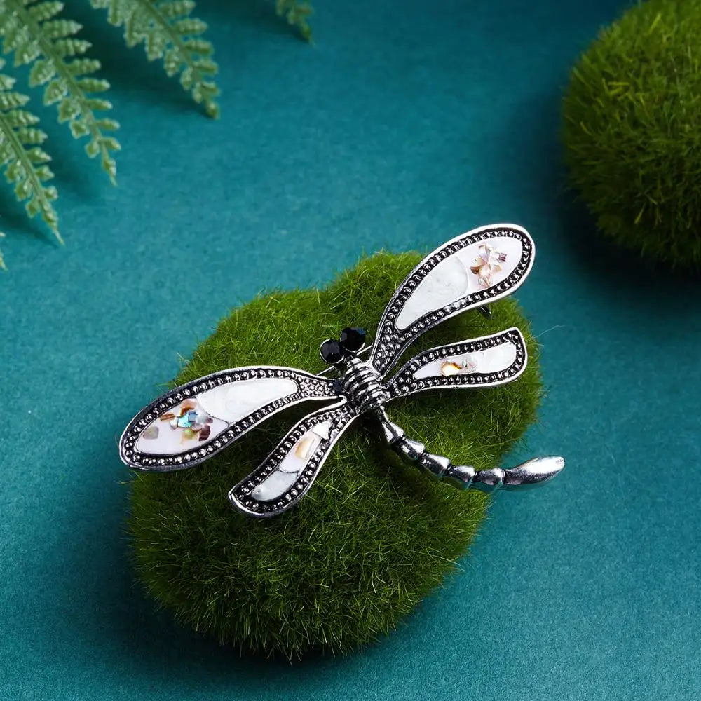 Femlion Dragonfly Rhinestone Pin Badge Brooch White Enamel Animal Corsage Accessory