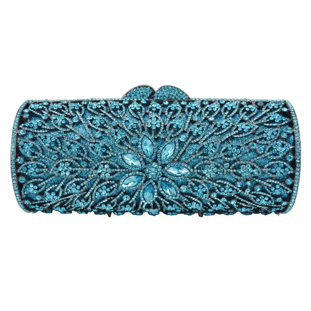 Femlion Crystal Peacock Blue Evening Clutch Bag Cylinder Purse Wedding Handbag