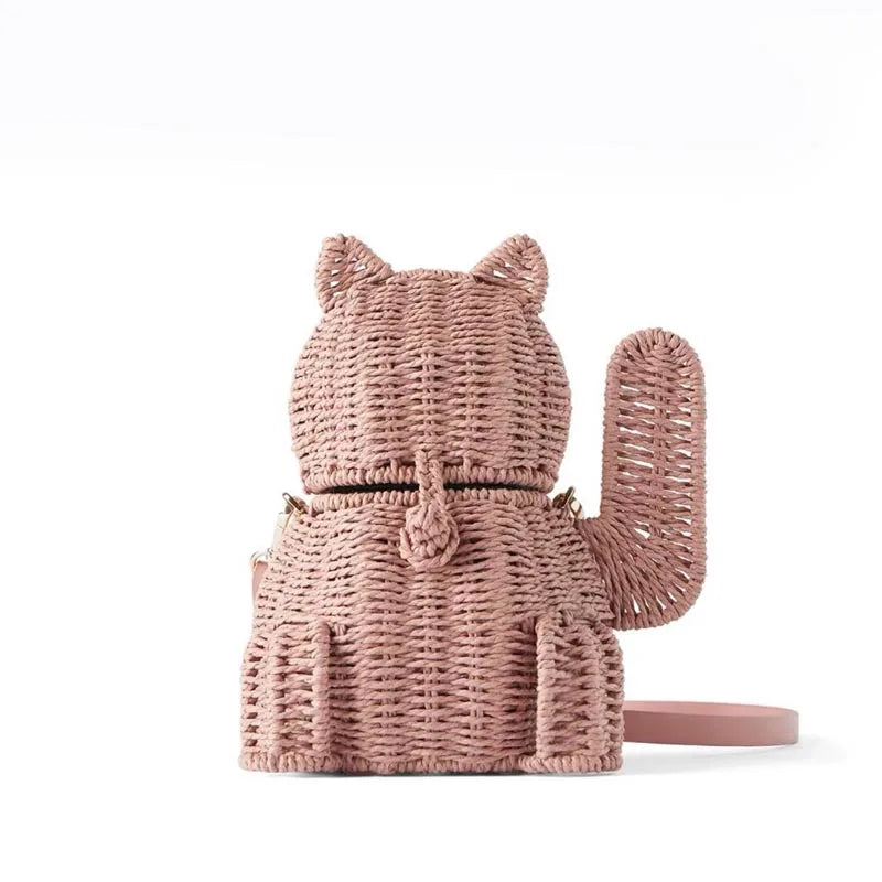 Femlion Rattan Cat Crossbody Bag - Trendy Straw Handbag for Women