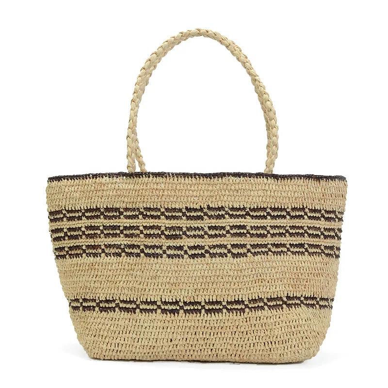 Femlion Striped Rafi Straw Bag: Elegant French Style Beach Tote Handbag