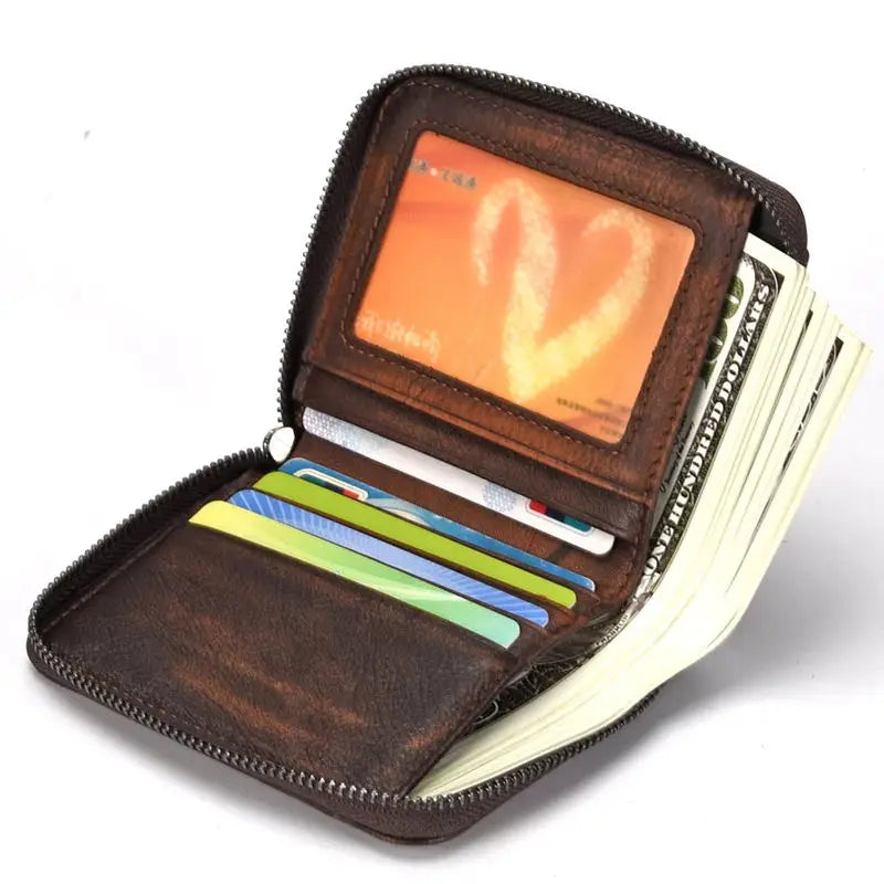 Femlion Retro Cowhide Men's Wallet with Zipper Coin Pocket