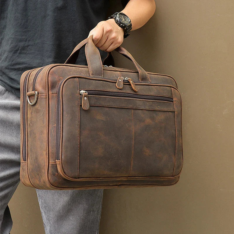 Femlion Crazy Horse Leather Men Briefcase: Vintage Luxury Designer Laptop Bag