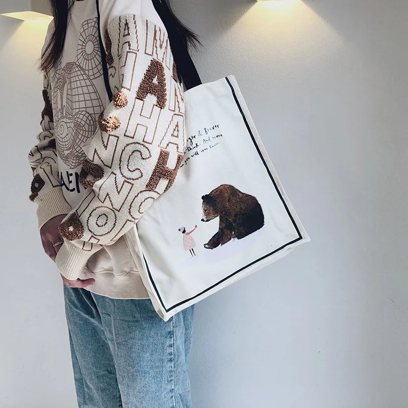 Femlion Girl and Bear Print Canvas Shoulder Bag: Cute Eco-Friendly Tote for College Students