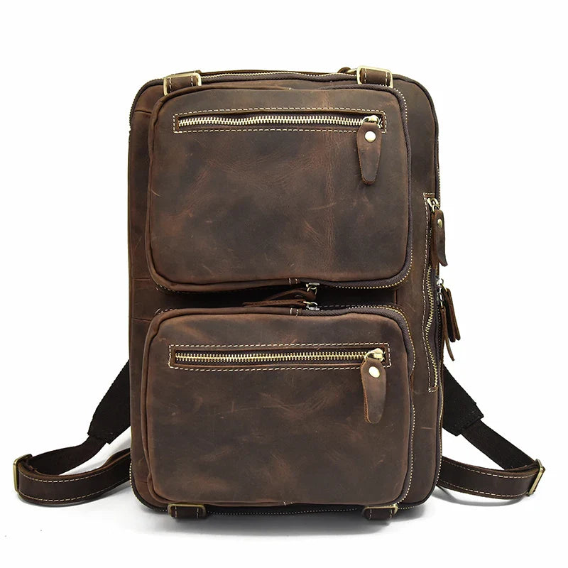 Femlion Leather Backpack: Double Zip Cowhide Briefcase, Travel, Office, Shoulder Bag