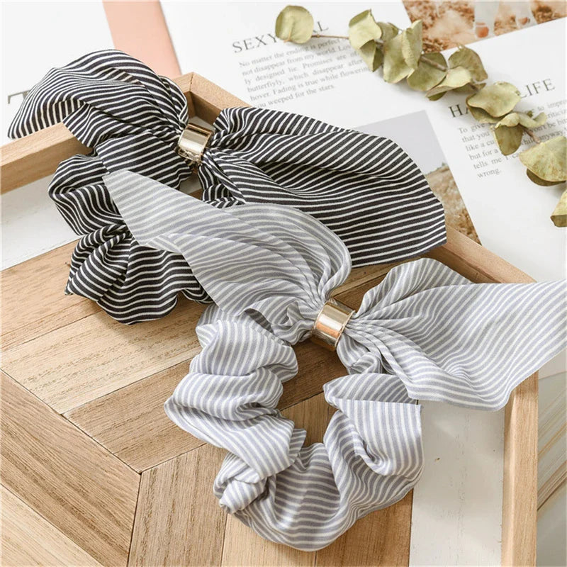 Femlion Rabbit Ears Chiffon Hair Scrunchie with Metal Buckle, Stripe Elastic Hair Rope