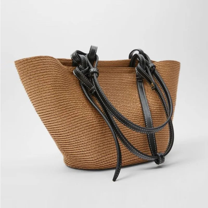 Femlion Straw Woven Color Stitching Basket Bag - Large Capacity Hand-Woven Fashion Shoulder Bag