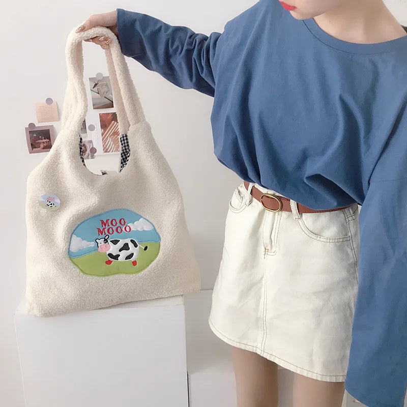 Femlion Sweet Milk Plush Shoulder Bag: Large Capacity Embroidered Canvas Tote