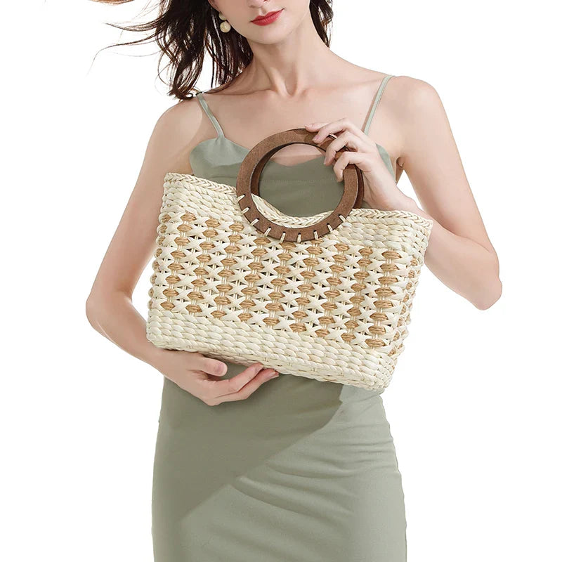 Femlion Straw Beach Bag: Large Capacity Hand-Woven Corn Skin Seaside Vacation Bag