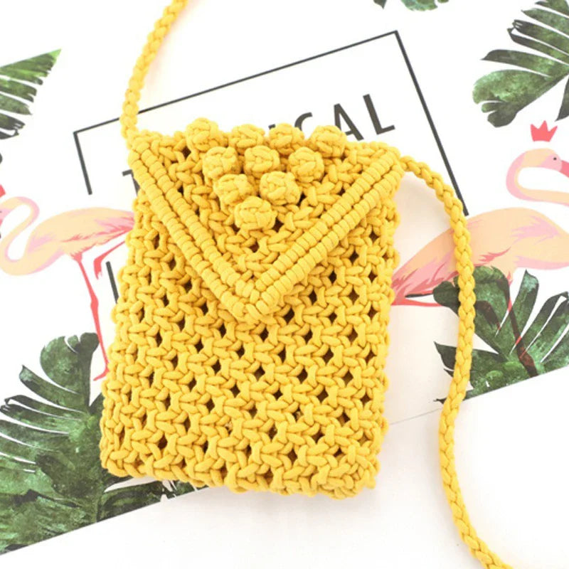 Femlion Cotton Rope Hand-woven Beach Bag Shoulder Straw Messenger Phone Bag