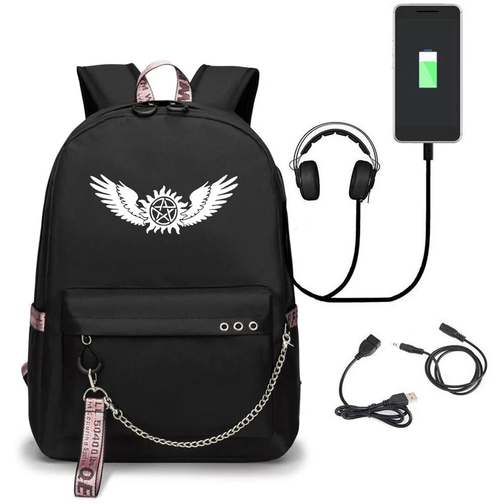 Femlion Wing Printed USB Backpack Chain Headphone Port School Laptop Travel Bags