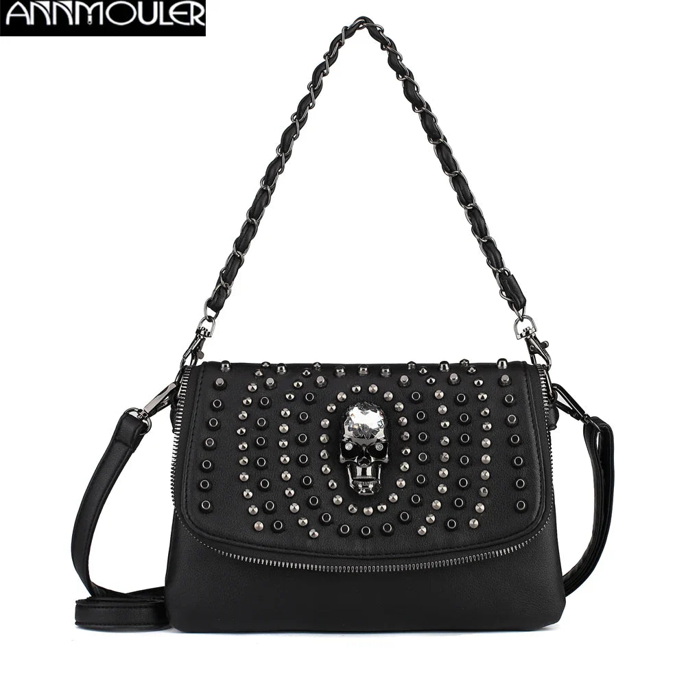 Femlion Stud Skull Crossbody Bag with Chain Zipper, Black Punk Shoulder Handbag