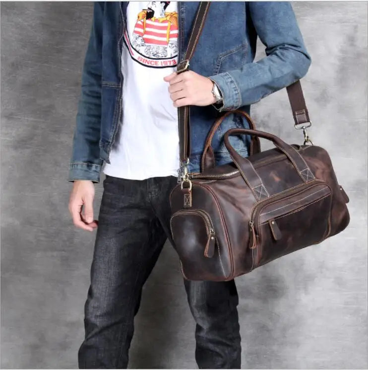 Femlion 2023 Genuine Leather Duffle Bag Men's Travel Business Handbag Coffee Totes