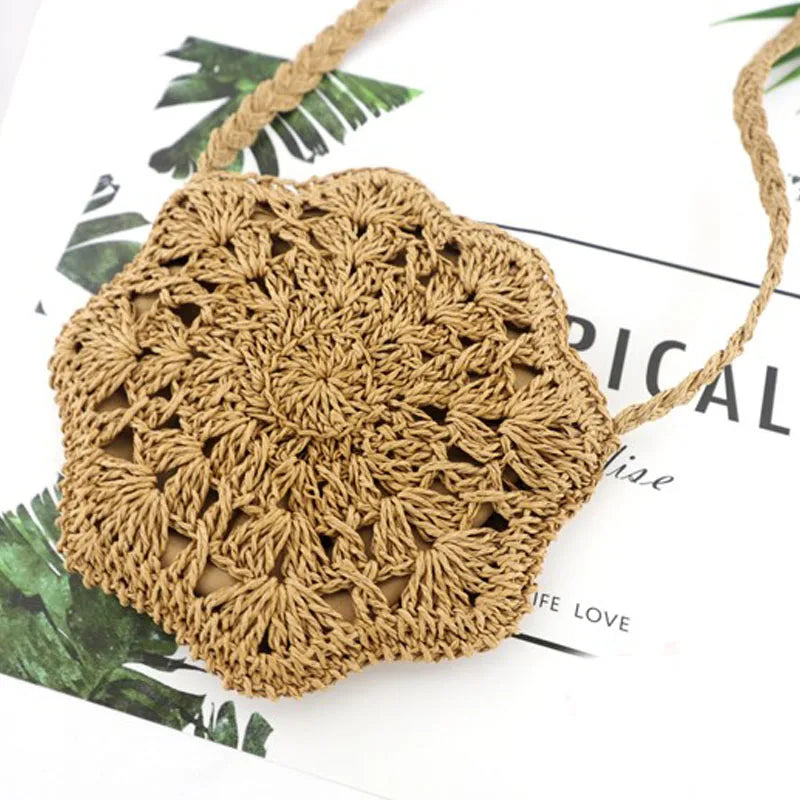 Femlion Straw Diamond Bag - Round Woven Handbag with Phone Purse