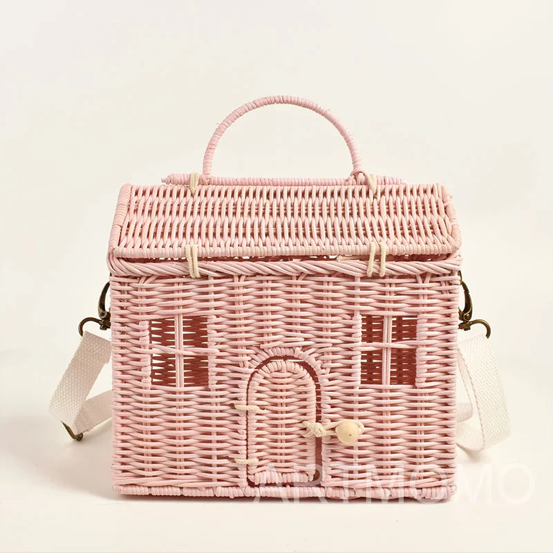 Femlion House Shape Rattan Women Handbags - Wicker Crossbody Straw Bag