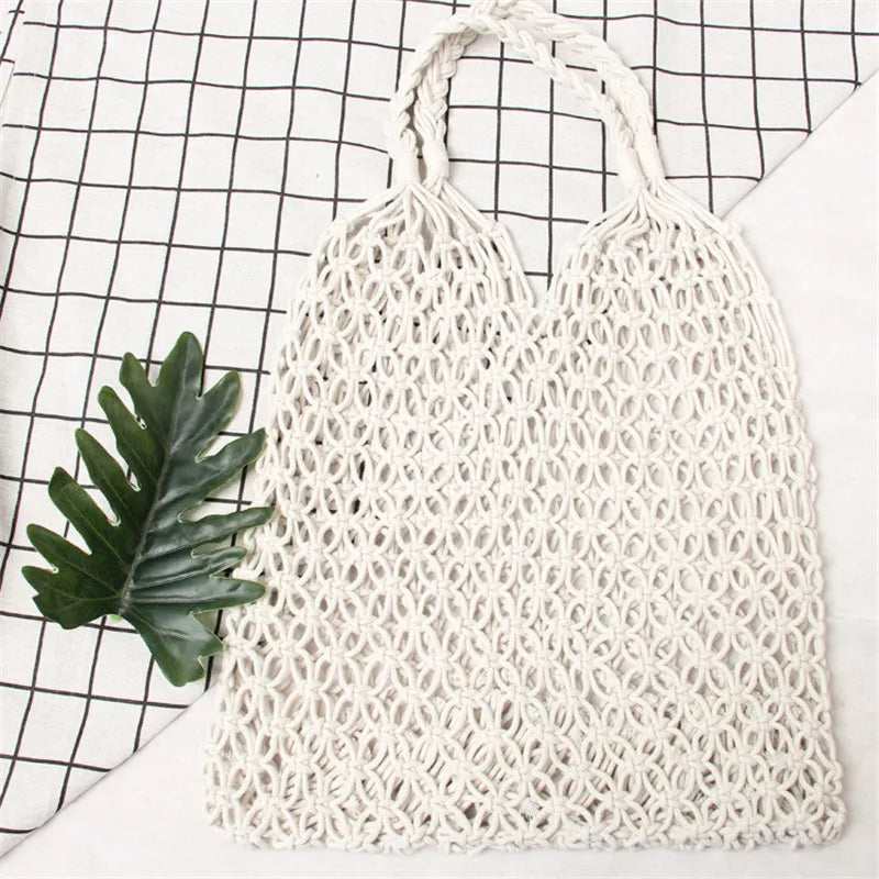 Femlion Reticulate Straw Shoulder Bag - Trendy Woven Mesh Rope Weaving Handbag