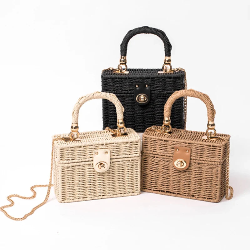 Femlion Rattan Straw Shoulder Bag Women Hand-woven Beach Handbag Messenger Square Box