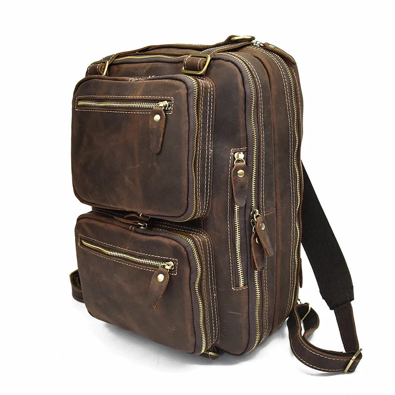 Femlion Leather Backpack: Double Zip Cowhide Briefcase, Travel, Office, Shoulder Bag