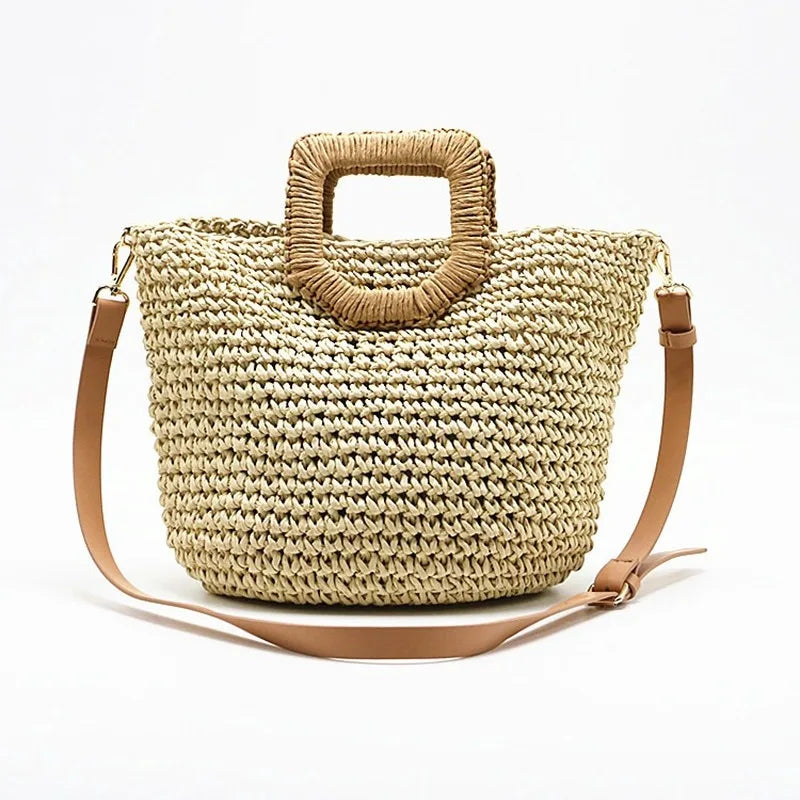 Femlion Women's Straw Bag Paper Hand-Woven Beach Bag Summer Holiday Shoulder Bag