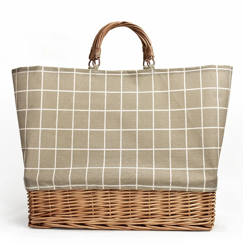 Femlion Plaid Rattan Weave Handbag with Canvas Splicing and Stripe Design