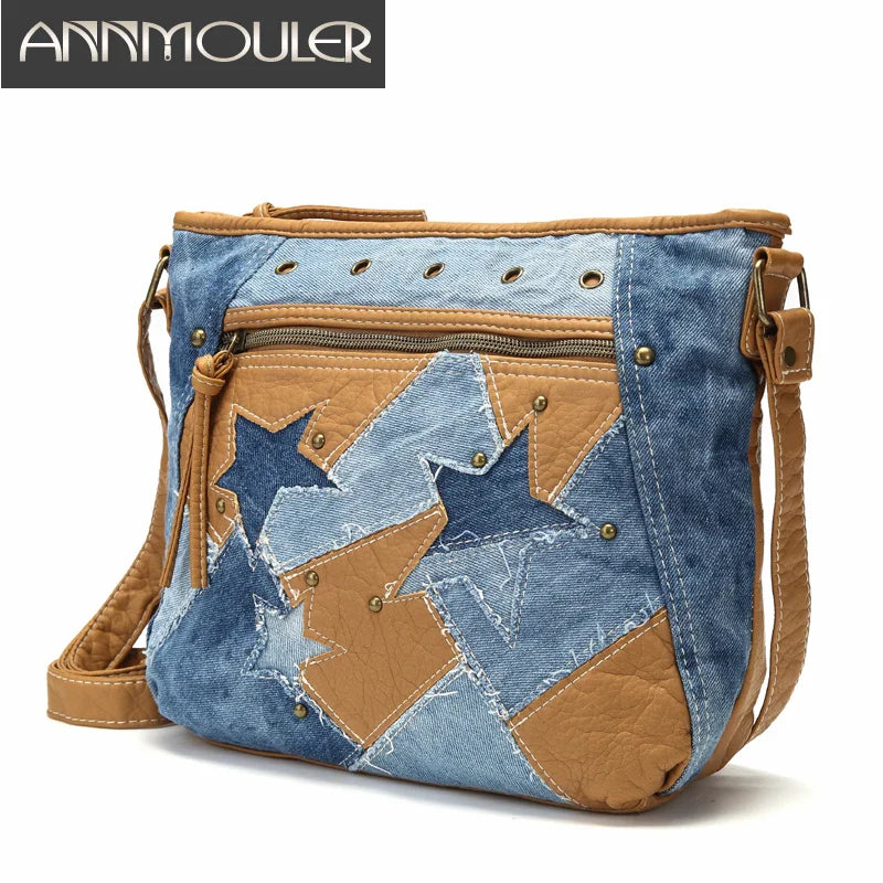 Femlion Denim Star Patchwork Shoulder BagLuxury Designer Crossbody Purse