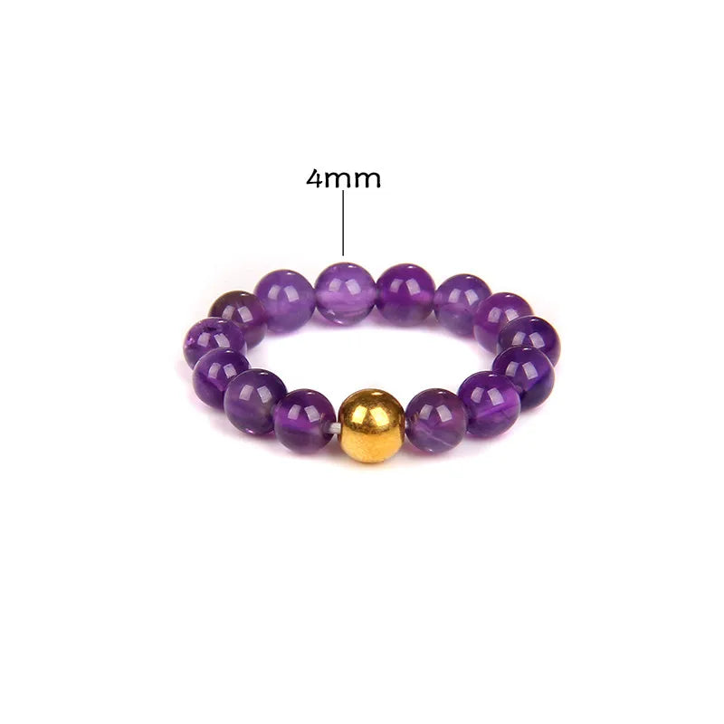 Femlion Amethyst Beaded Stone Ring Gold Color Elastic Handmade Jewelry