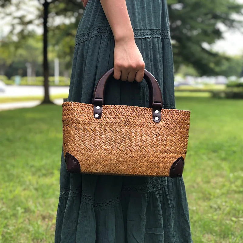 Femlion Straw Woven Rattan Bag with Wooden Handle