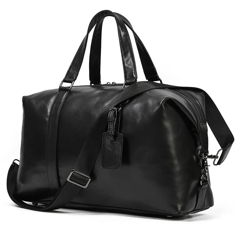 Femlion Cowhide Leather Duffle Bag for Travel and Business, Latest Black Design