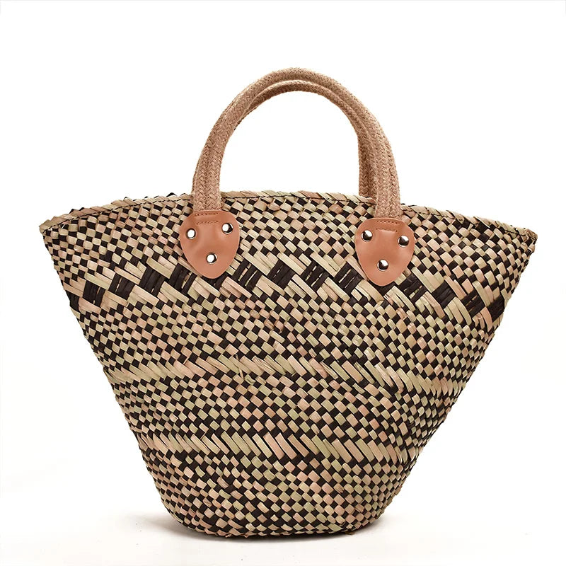 Femlion Handmade Water Grass Straw Bag Retro Basket Straw Basket Shopping Bag