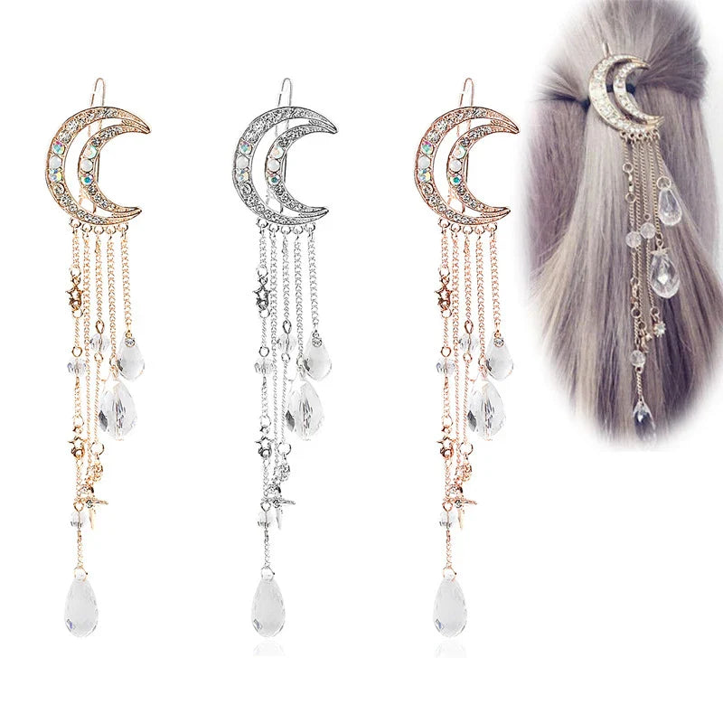 Femlion Crystal Star Moon Tassel Hair Clip Set