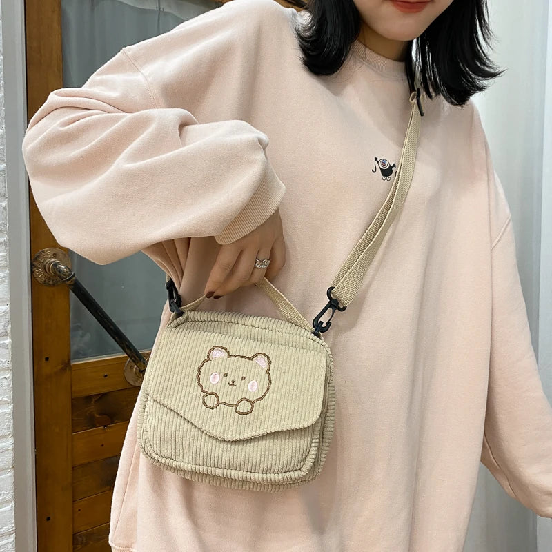 Femlion Little Bear Embroidered Corduroy Shoulder Bag // Women's Cute Mini Messenger Crossbody Tote