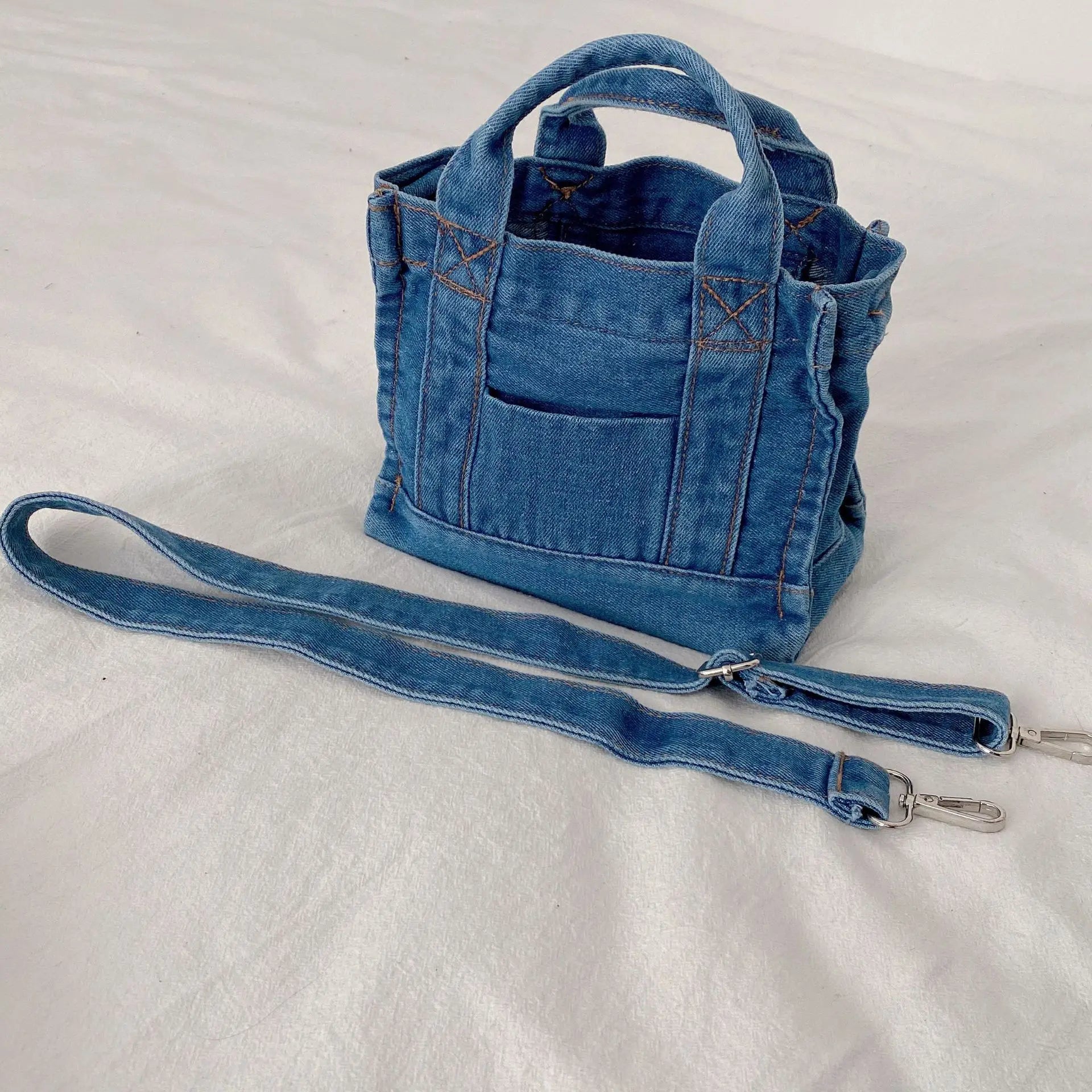 Femlion Light Blue Denim Shoulder Bag Casual Tote with Detachable Strap