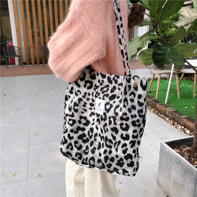 Femlion Striped Leopard Canvas Shoulder Bag Casual Tote Handbag