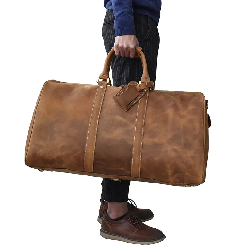 Femlion Vintage Leather Travel Duffle Bag 24 inch - Men's Weekender Carry On