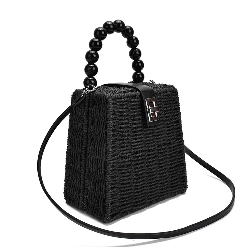 Femlion Straw Bead Handle Crossbody Bag Beach Holiday Shoulder Bag