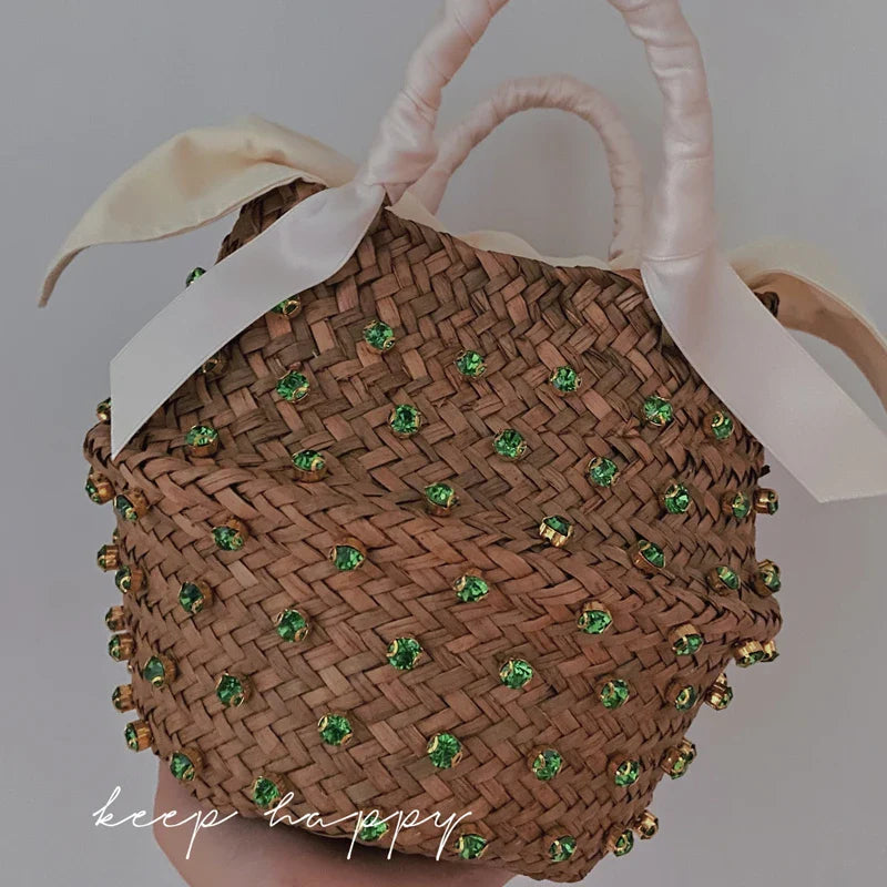 Femlion Colored Diamond Straw Bag with Rhinestone Embellishments