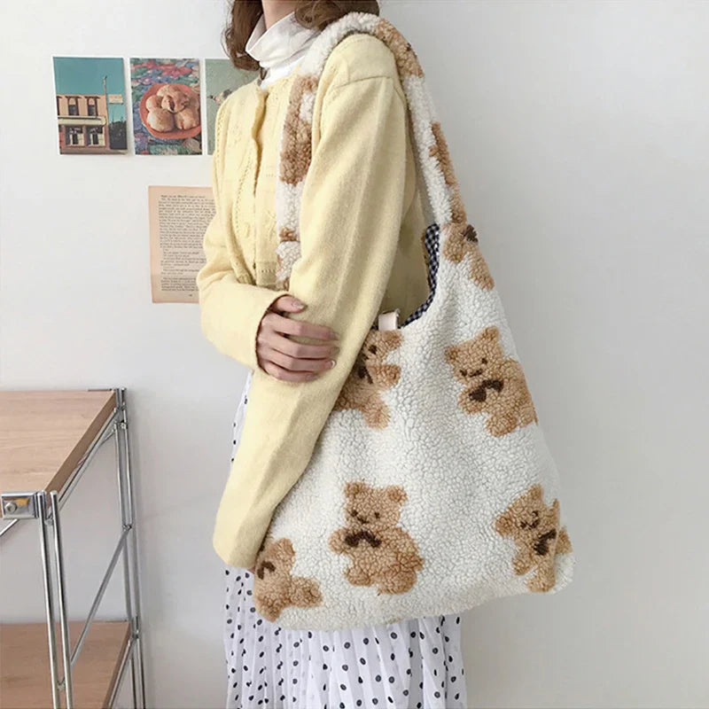 Femlion Plush Bear Shoulder Bag: Soft Fabric Handbag with Large Capacity