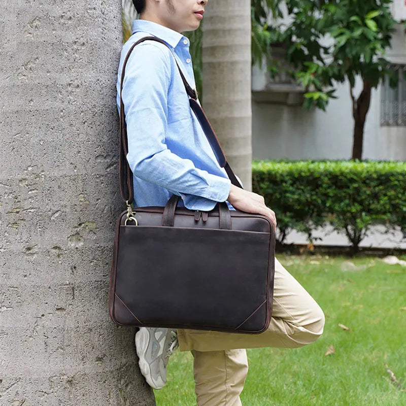 Femlion 15.6" Vintage Leather Laptop Briefcase for Men, Business Tote Handbag