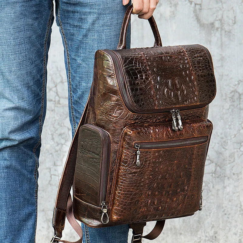 Femlion Crocodile Leather Men's Backpack - Stylish Cowhide Travel Bag