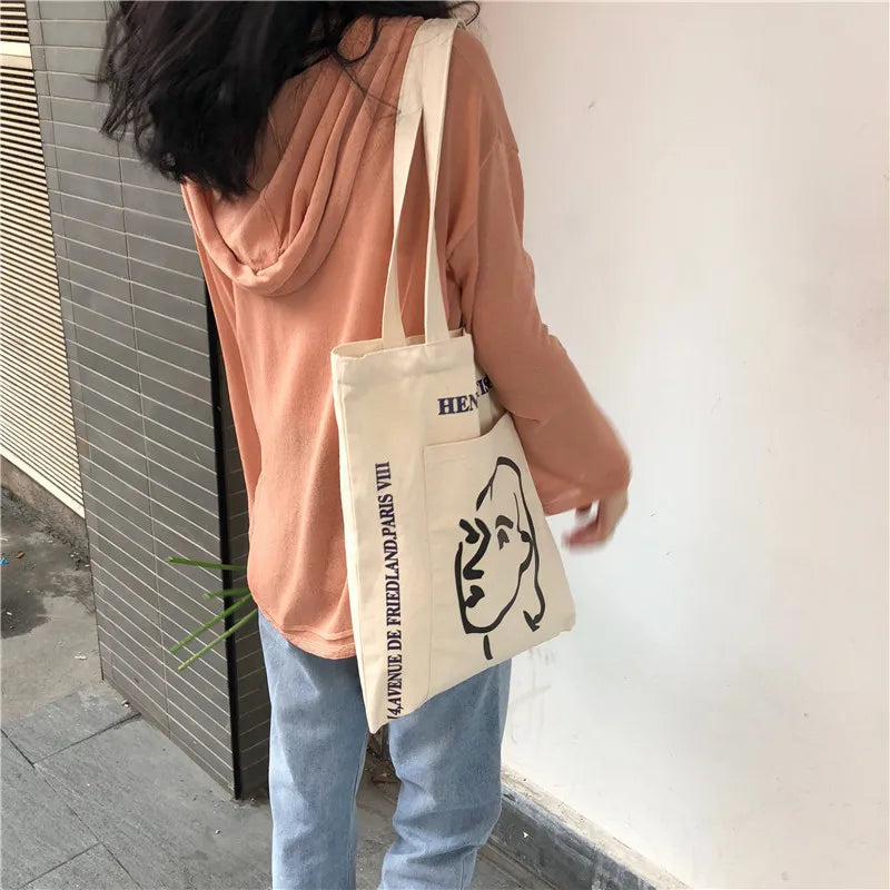 Femlion Stick Figure Printed Canvas Tote Bag Large Capacity Shoulder Handbag