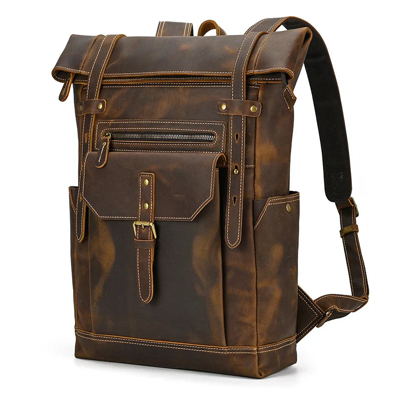 Femlion Vintage Style Leather Backpack for Men - Fashionable Travel Laptop Bag