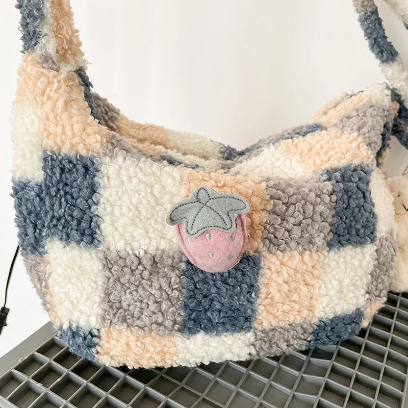 Femlion Plush Checked Shoulder Bag | Half Moon Shape Crossbody Purse for Girls