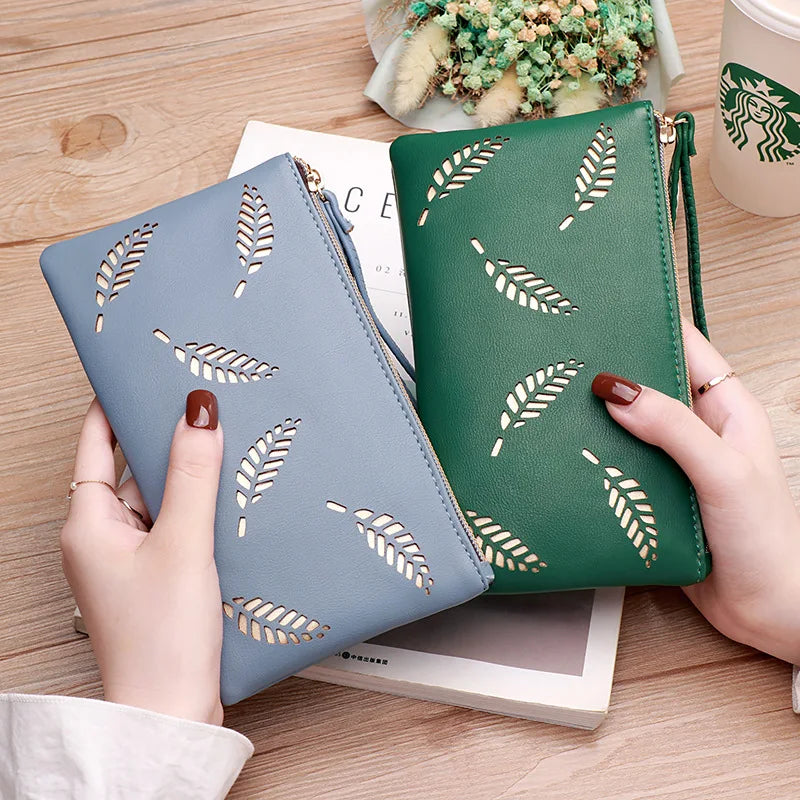 Femlion Leaves Design Wallet: Stylish PU Leather Zipper Card Holder and Coin Purse