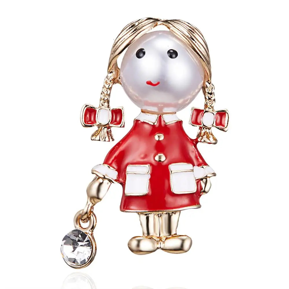 Femlion Red Dress Little Girl Brooch with Pearls & Rhinestones