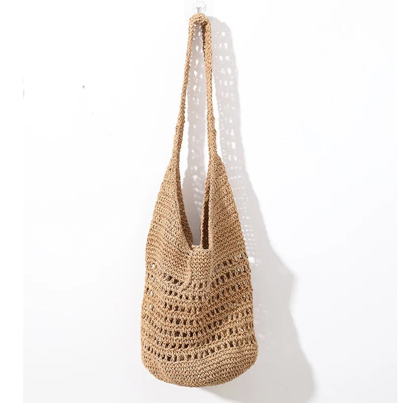 Femlion Large Straw Woven Beach Bag: Korean Hollow One-Shoulder Casual Vacation Tote