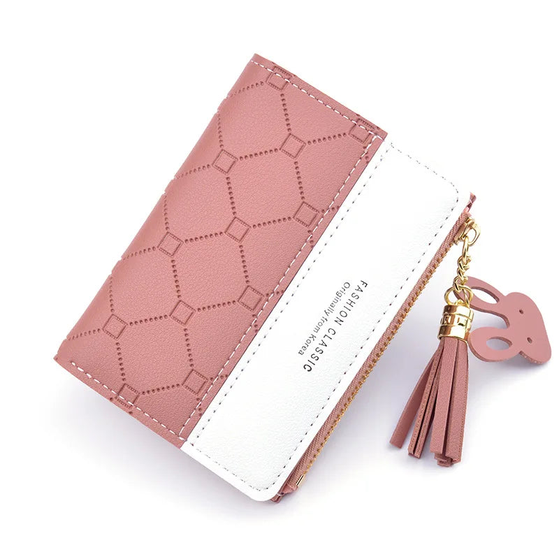 Femlion Patchwork Short Wallet with Tassel Zipper & Card Holder, Pink Embossed Money Bag